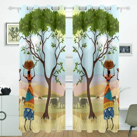 Mountain Blackout POPCreation African Women In Mountain Landscape Window Curtain Blackout Curtains Darkening Thermal Blind Curtain for Bedroom Living Room,2 Panel (52Wx84L Inches) ()