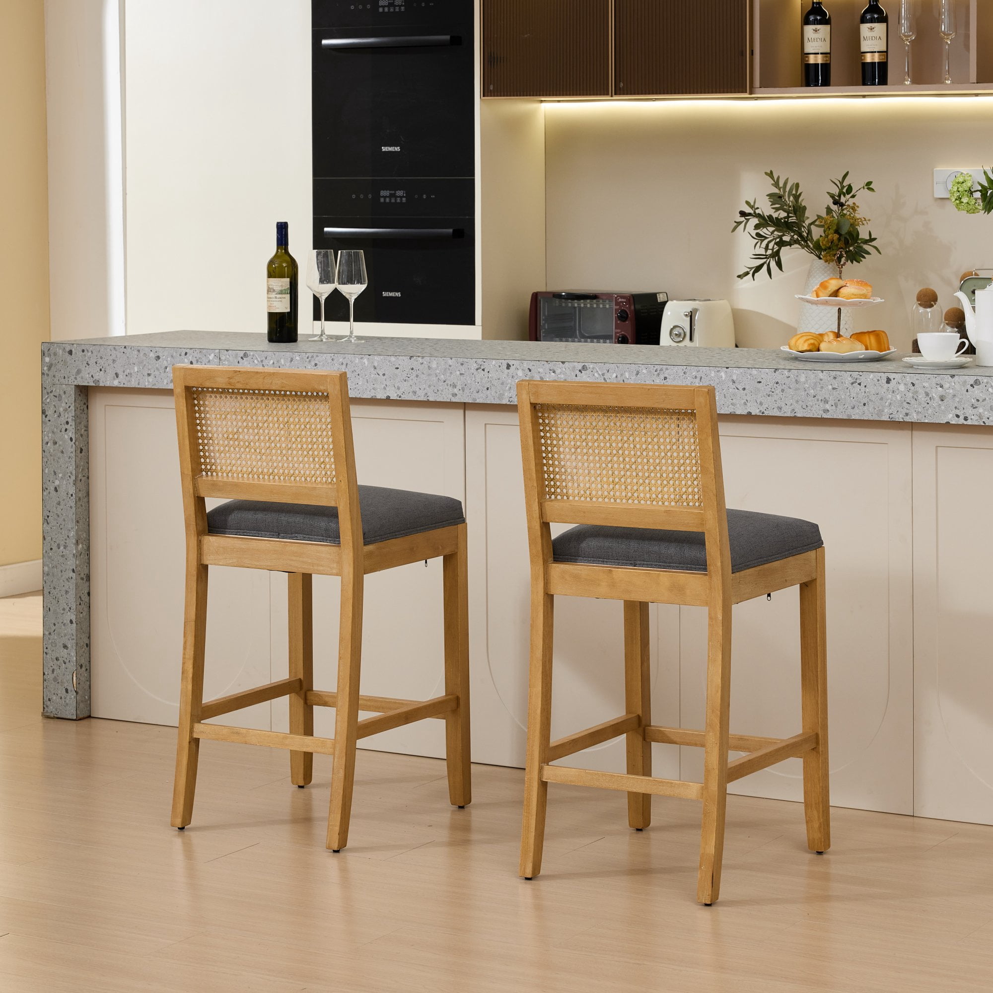 Set of 4 Solid Wood Rattan-Back Bar Stool, Matte Linen Cushion with High-Resilience Foam & S-Springs, Ideal for Rustic/Natural Style Kitchen Island, Low Bar in Dining Room & Café