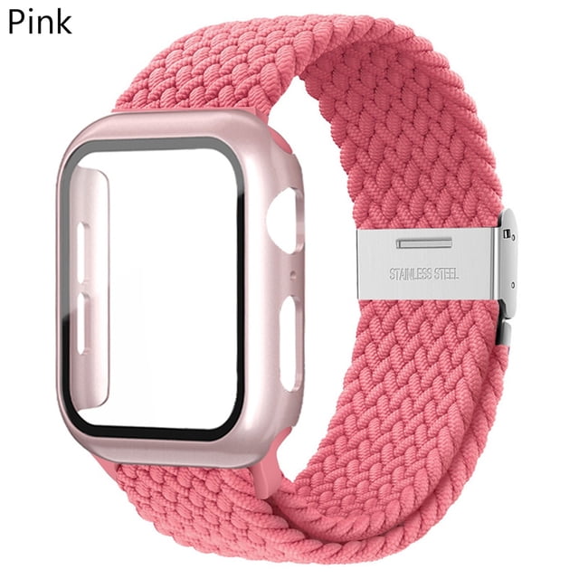 LEIXIUER Nylon Band for Apple Watch Bands with Case 45mm 41mm, Adjustable Braided Solo Loop with Glass Screen Protector Case ,Soft Wristband Stretch Nylon Elastic Strap for Apple Watch Series 7 45 mm