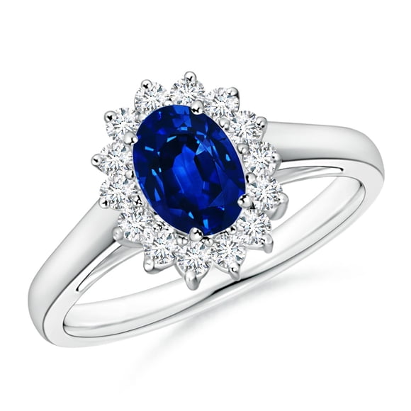 Angara Bague Princesse Cultivée en Laboratoire Inspirée du Saphir Bleu avec Diamant de Laboratoire Halo pour Femmes en Platine (Taille : 7x5mm Taille de la Bague : 9.5) Pierre de Naissance de Septembre, Anniversaire, Bijou Cadeau pour Femmes