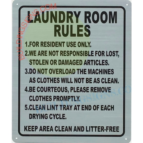 LAUNDRY ROOM RULES SIGN (10X12,SILVER,Aluminum) -ref21022