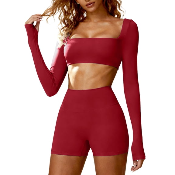 Gealkoca Two Piece Workout Sets for Women Long Sleeve Matching High Waist Booty Lifting Shorts Gym Yoga Active Wear Women's Elastic Fitness Shorts