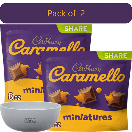 Cadbury Caramello Miniatures Milk Chocolate & Caramel Candy, 2 Pack Share Packs (8 oz Each) – with Bowl by OMA