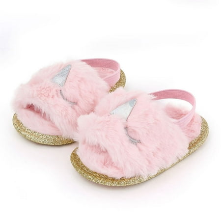 

Baby Girls Newborn Soft Sole Walking Shoes Sandals Fur Crib Slippers Cute Summer Autumn Casual Flats Non-Slip Indoor First Walkers Princess Dress for Christmas 0-12M