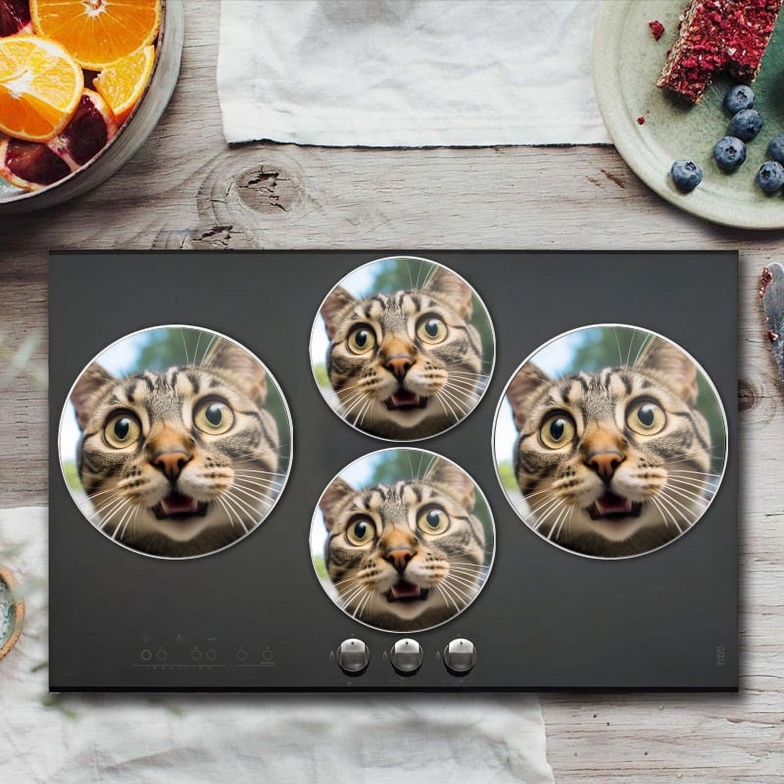 BaHomeck Electric Stove Burner Covers Set of 4,Round Metal Gas Stove Burner Covers 8 Inch and 10 Inch,Kitchen Decor,Cute Tabby Cat Looking At The Camera With Mouth Open