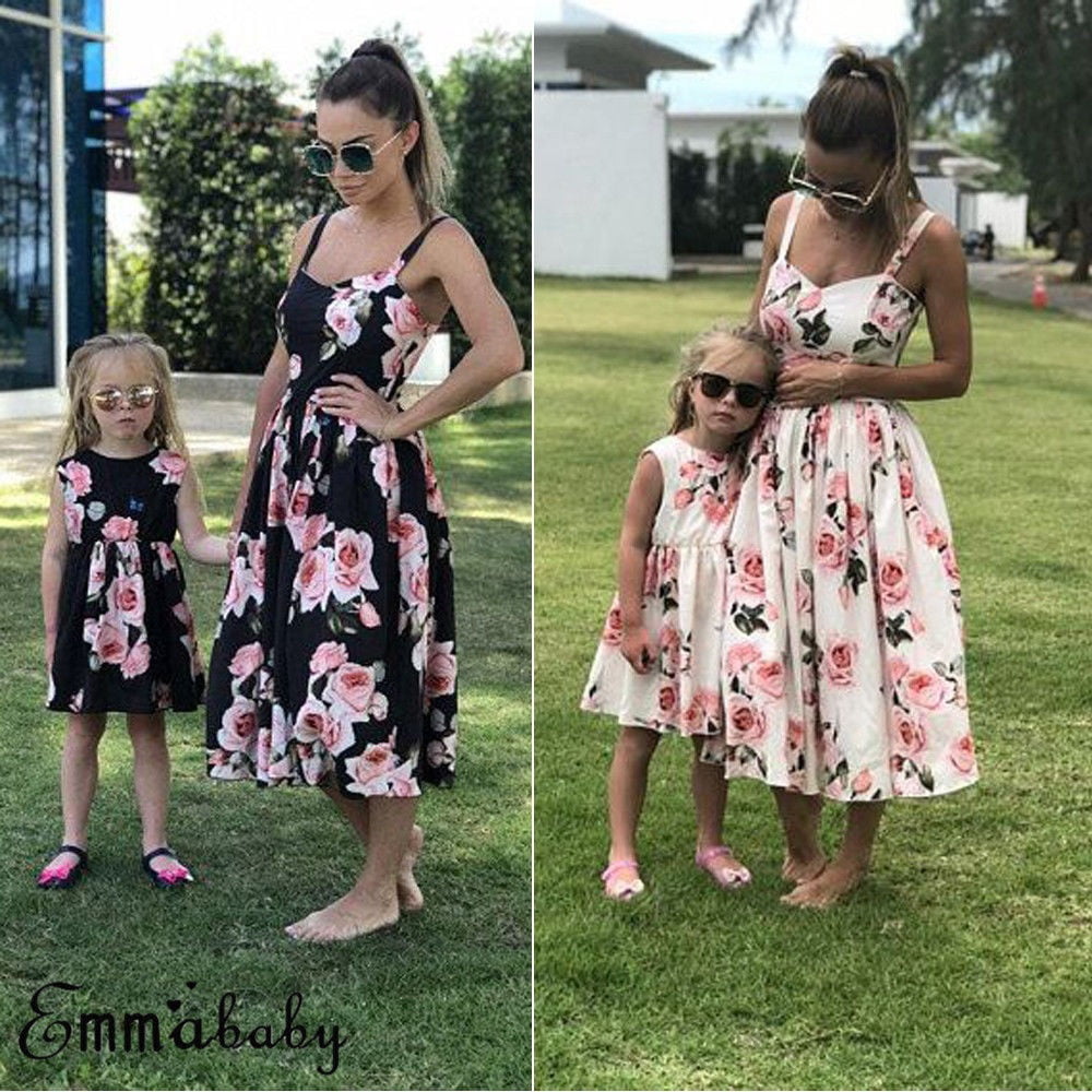 Loalirando Mother and Daughter Floral Print Family Matching Dress V-Neck Ruffle Spaghetti Straps Sleeveless Parent-Child Beach Mini Sundress