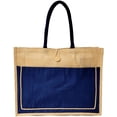thumbnail image 2 of Vintage Style Jute with Cotton Pocket Reusable Large Tote Grocery Shopping Bag - Navy, 2 of 7
