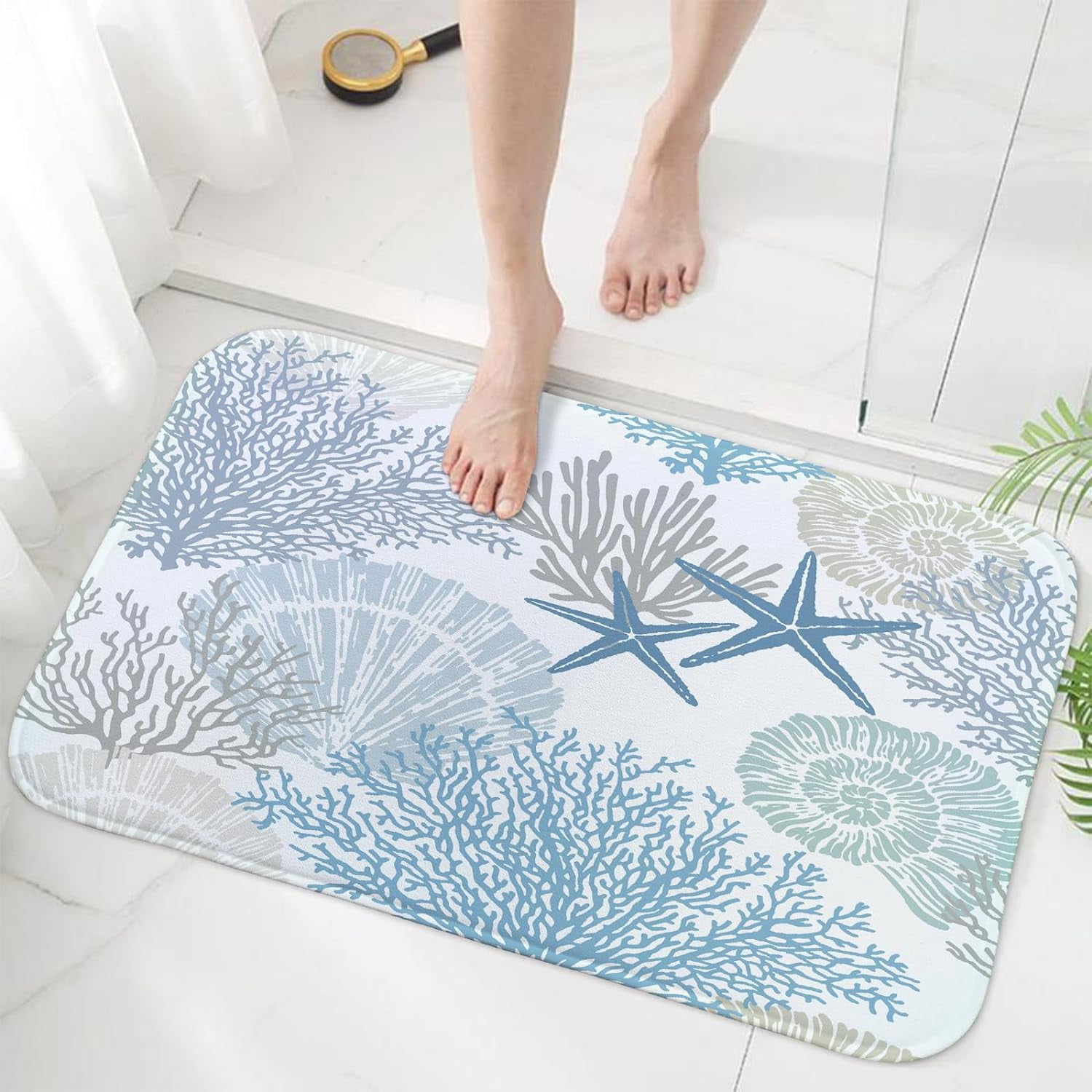 Nautical Coastal Beach Bath Mat Rug for Bathroom, Blue Tropical Ocean Seashell Coral Bathroom Floor Rugs Mats Non Slip Kitchen Indoor Summer Sea Beachy Decor Decoration Accessories 17X29 in