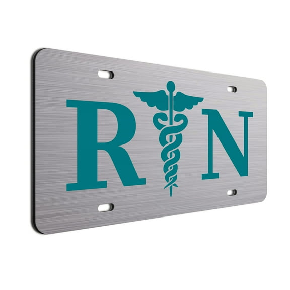 Teal RN Nurse Brushed Aluminum ACM License Plate Medical Car Tag with Caduceus