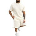 thumbnail image 2 of Domuza Mens Casual 2 Piece Outfits-Short Sleeve Athletic Set Oversize T-Shirts Drawstring Tracksuit Set Khaki 2XL, 2 of 5