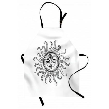 

Sun Apron Doodle Style Vintage Symbol Retro Tribal Elements Stars Arrow Shapes and Crescent Moon Unisex Kitchen Bib Apron with Adjustable Neck for Cooking Baking Gardening Black White by Ambesonne