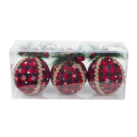 

wrea 3PCS Christmas Foam Ball Pendant Simulation Pine Nut Fabric Red Lattice Christmas Ball Decoration for Christmas and Birthday Party Decor