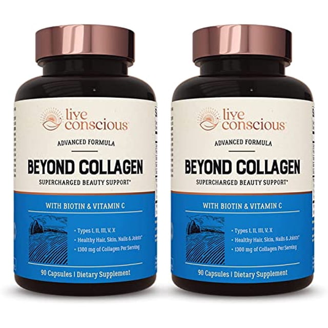 Live Conscious Beyond Collagen Cápsulas de colágeno múltiple - Tipos I, II, III, V y X | Mezcla hidrolizada con biotina y vitamina C para cabello, piel y uñas 90 cápsulas (paquete de 2)
