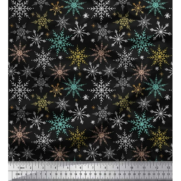 Soimoi Black Cotton Duck Fabric Snow Flakes Floral Print Fabric by the Yard 42 Inch Wide