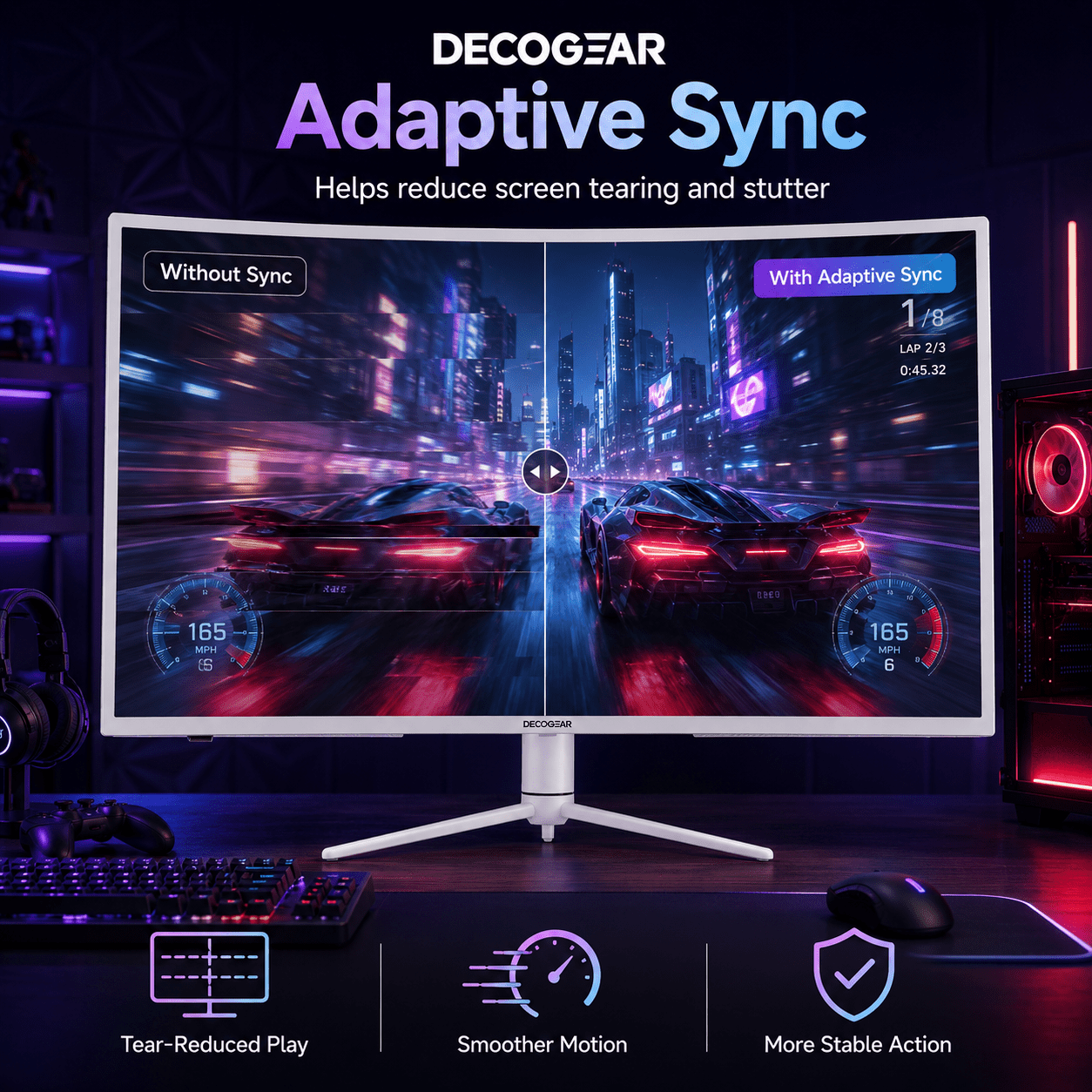 Deco Gear 39" Curved Widescreen Gaming Monitor, 2560×1440 QHD, 165Hz, 1ms MPRT, HDR, Adaptive Sync, 3000R Curve, HDMI, DisplayPort, Tilt Swivel Height Adjust, White