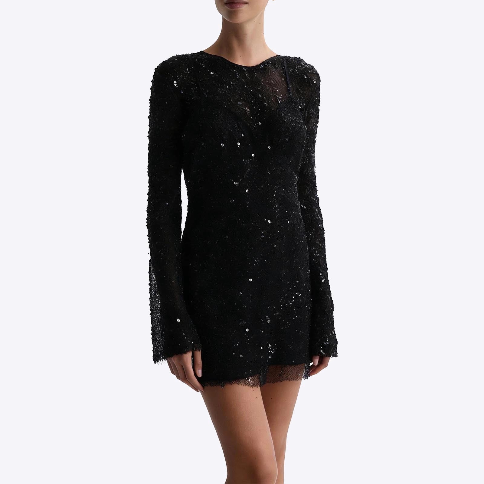 Women Elegant Long Sleeve Round Neck Sheer Sequin Mini Dress Solid Color Sleeveless Slip Dress 2 Piece Outfit