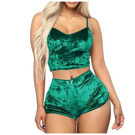 

MIARHB Camisole Top Womens Outfit Pieces Sleeveless 2 + Romper Velvet Shorts Crop Women Suits Sets Tartan Plaid Pajamas Pajamas Short Set for Women Womens Pajama Set Shorts Pajamas