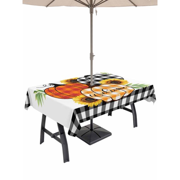 Outdoor Tablecloth with Umbrella Hole and Zipper, Thanksgiving Rectangle Table Cloth 60x120 Inch Waterproof Tablecloth, Fall Orange Black Plaid Pumpkin Sunflower Picnic Table Cover for Patio Camping