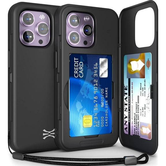 TORU CX SLIM for iPhone 14 Pro Max Case Wallet | Protective Shockproof Heavy Duty Cover with Hidden Card Holder & Card Slot | Mirror & Wrist Strap Included - Black