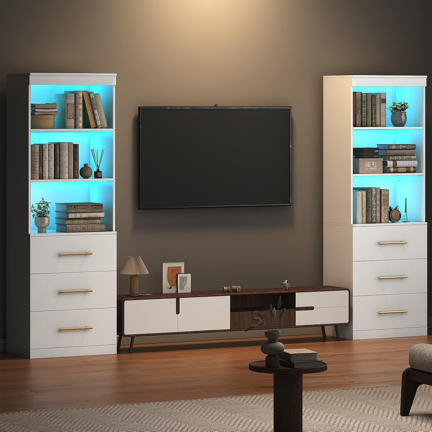 Winkalon 71" H White Bookshelf with Drawers, Bookshelf and Bookcase with 3-Tier Open Shelves, Tall Bookcase Tall Storage Cabinet for Home Office