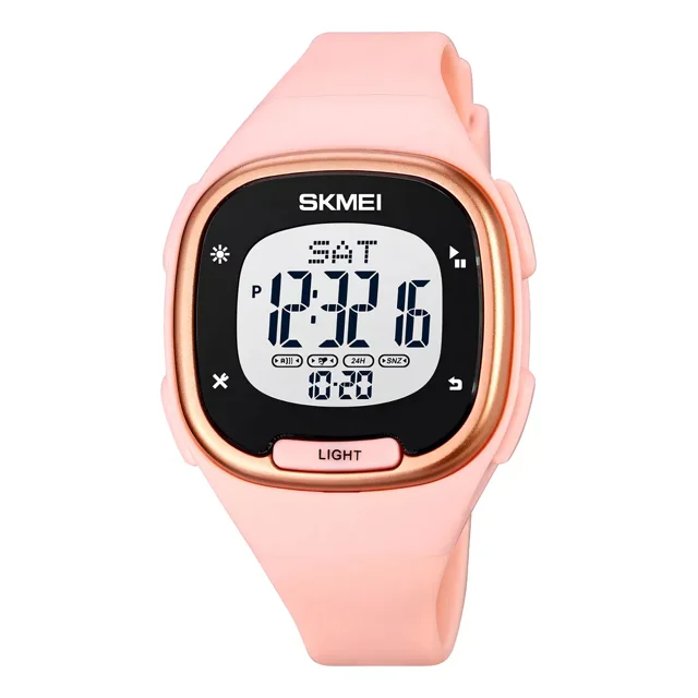 Reloj pulsera digital Skmei 1959 con correa de goma color rosa - fondo gris - bisel negro