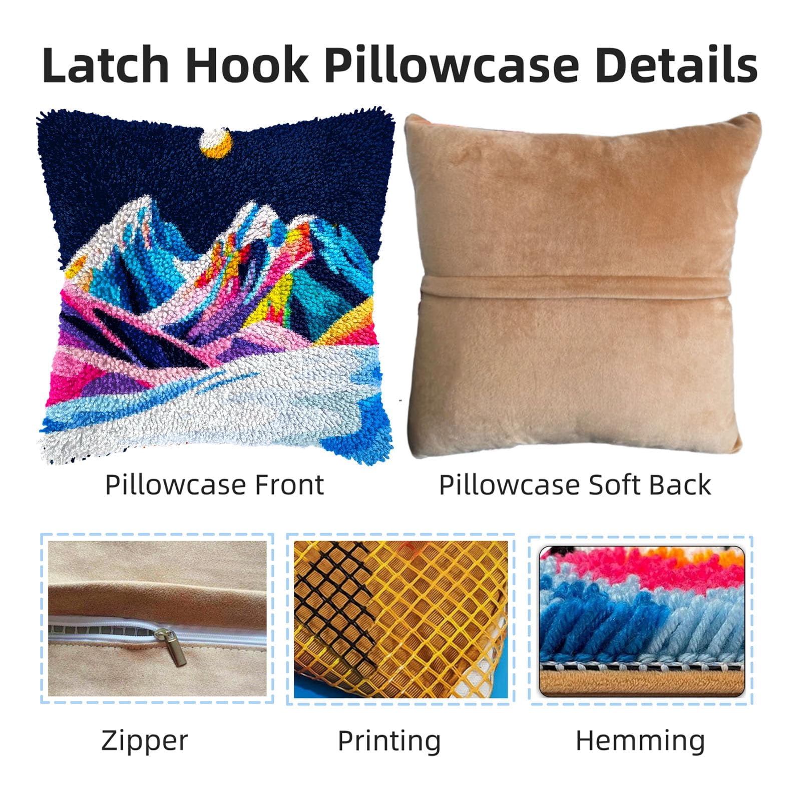 Colorful Snow Mountain Moon DIY Latch Hook Pillow Kits for Adults Printed Pillowcase Crochet Yarns Hooking Handmade Pillow Cover Cushion for Home Sofa Decoration 17x17inch