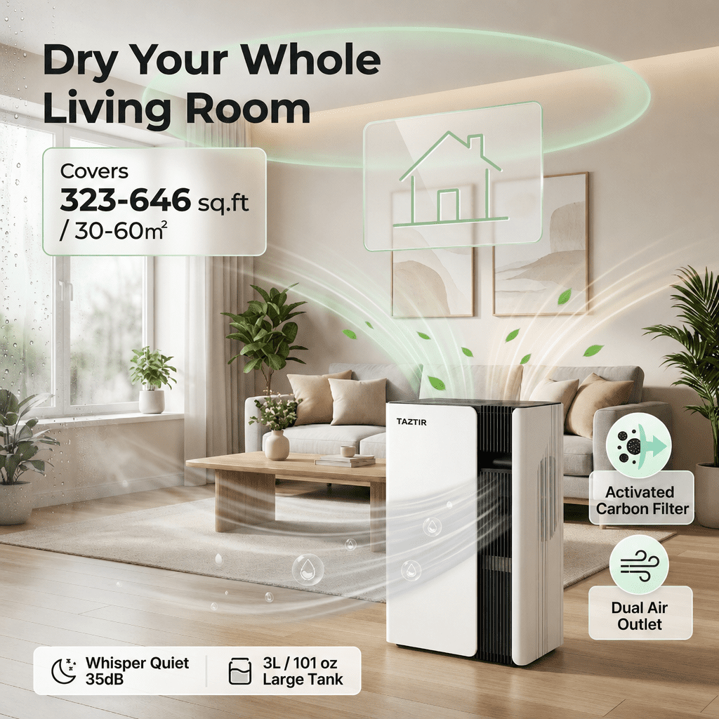 Quiet Dehumidifier For Bedroom 3L Tank, Up To 1500ML/Day Moisture Removal For Home, Basement Bathroom Living Room, 30-60㎡ Coverage, 2 Drainage Modes, Sleep Mode, Timer, Smart Touch Control