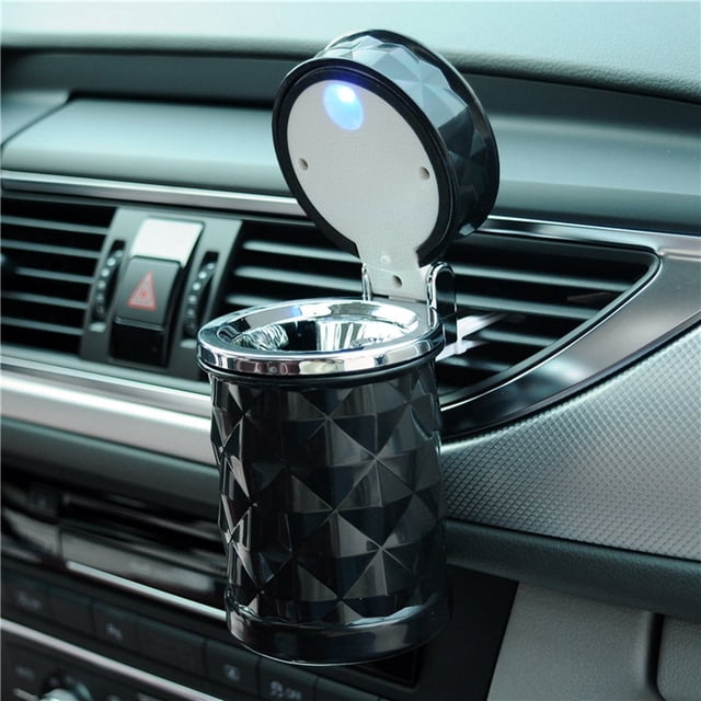 Cenicero portátil para coche con luz LED azul, soporte para fumar sin humo, portavasos cilíndrico (negro)