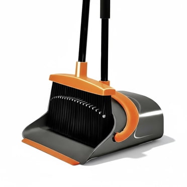 Orange and Grey Broom and Dustpan Set – Upright Standing Cleaning Combo, Long Handle Sweeping Set for Home, Office, Garage & Kitchen