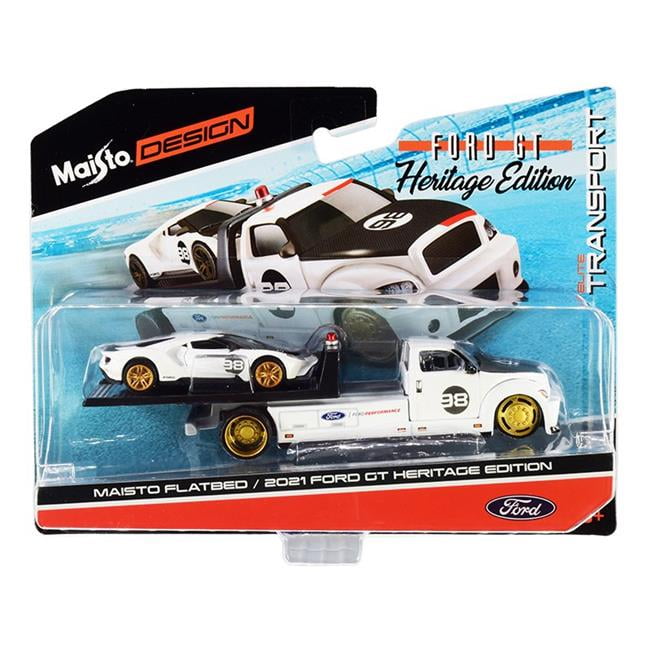 Maisto 15108 21a Series 0.16 4 Diecast Model Car For 2021 Ford Gt No. 98 Heritage Edition With Flatbed Truck White Black Elite Transport Multicolor