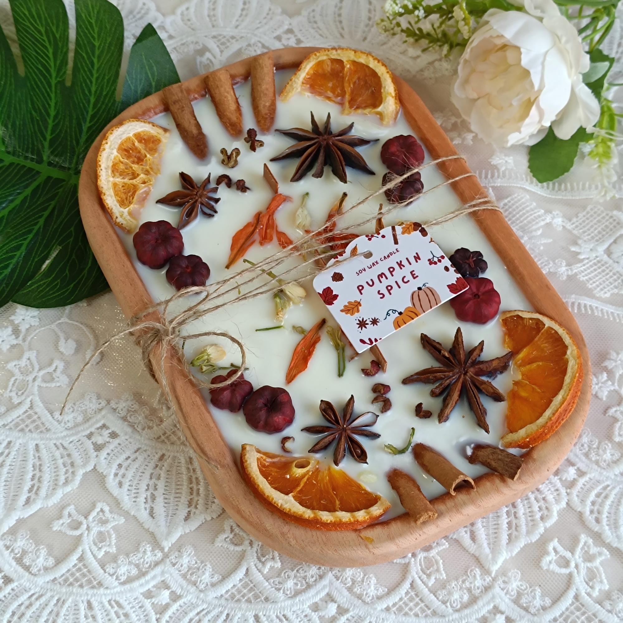 XINAOBAOLUO Handmade Soy Wax Dough Bowl Lavender Scented Candle, 3 Cotton Wicks, Wooden with Dried Fruit Decor, Autumn Home Decor Halloween Gift