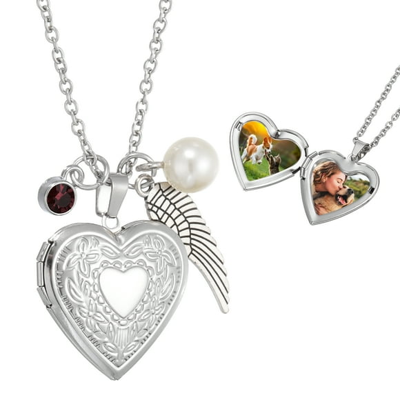Heart Locket Necklace for Women with February Deep Purple Birthstone Pendant and Wing Charm&Pearl Locket Necklace Heart Pendant for Women That Holds Photo Valentines Birthday Gift