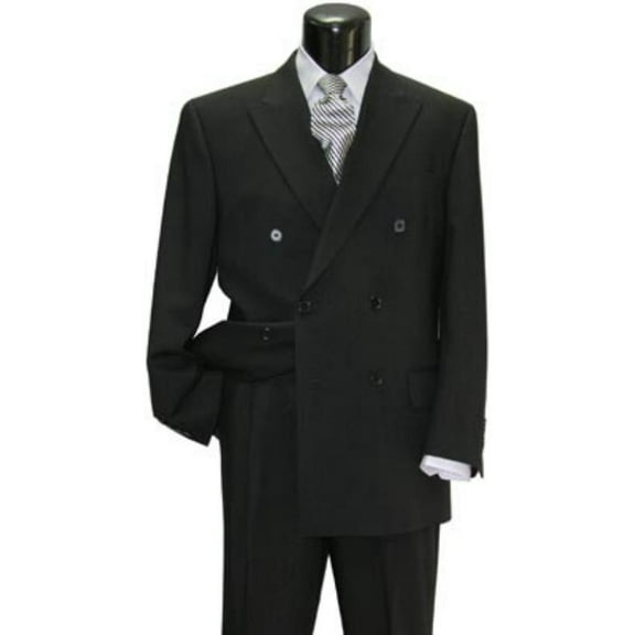 Brand New Solid Black Double Breasted 100% Wool Fabric Super 150s Wide Suit Side Vent (Pleated Or Flat Front Pants)