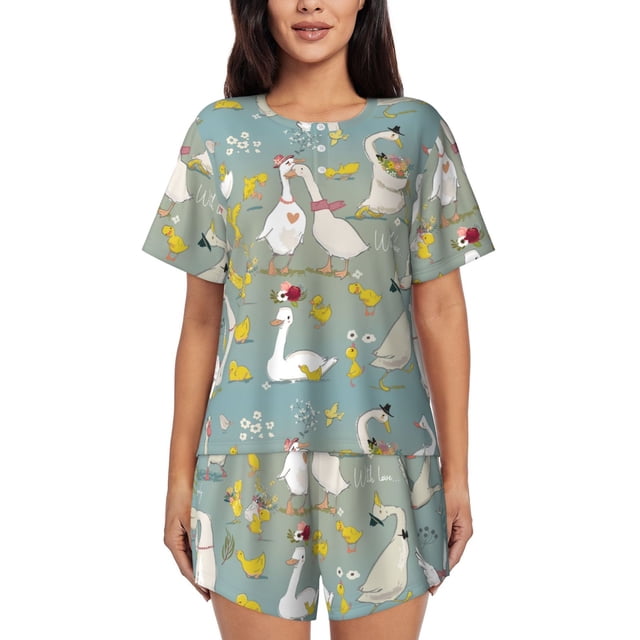 Xecao Cute Farm Birds Pattern Women's Short Sleeve Pajama Set Soft Sleepwear Lounge Set with Button Front Top and Drawstring Shorts with Pockets-XX-Large