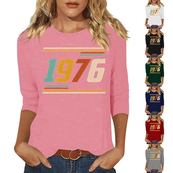 Women's Crew Neck T Shirts 3/4 Length Sleeve 1976 Graphic Print Pullover Tops Casual Vintage Comfy Tees (XL, Pink)