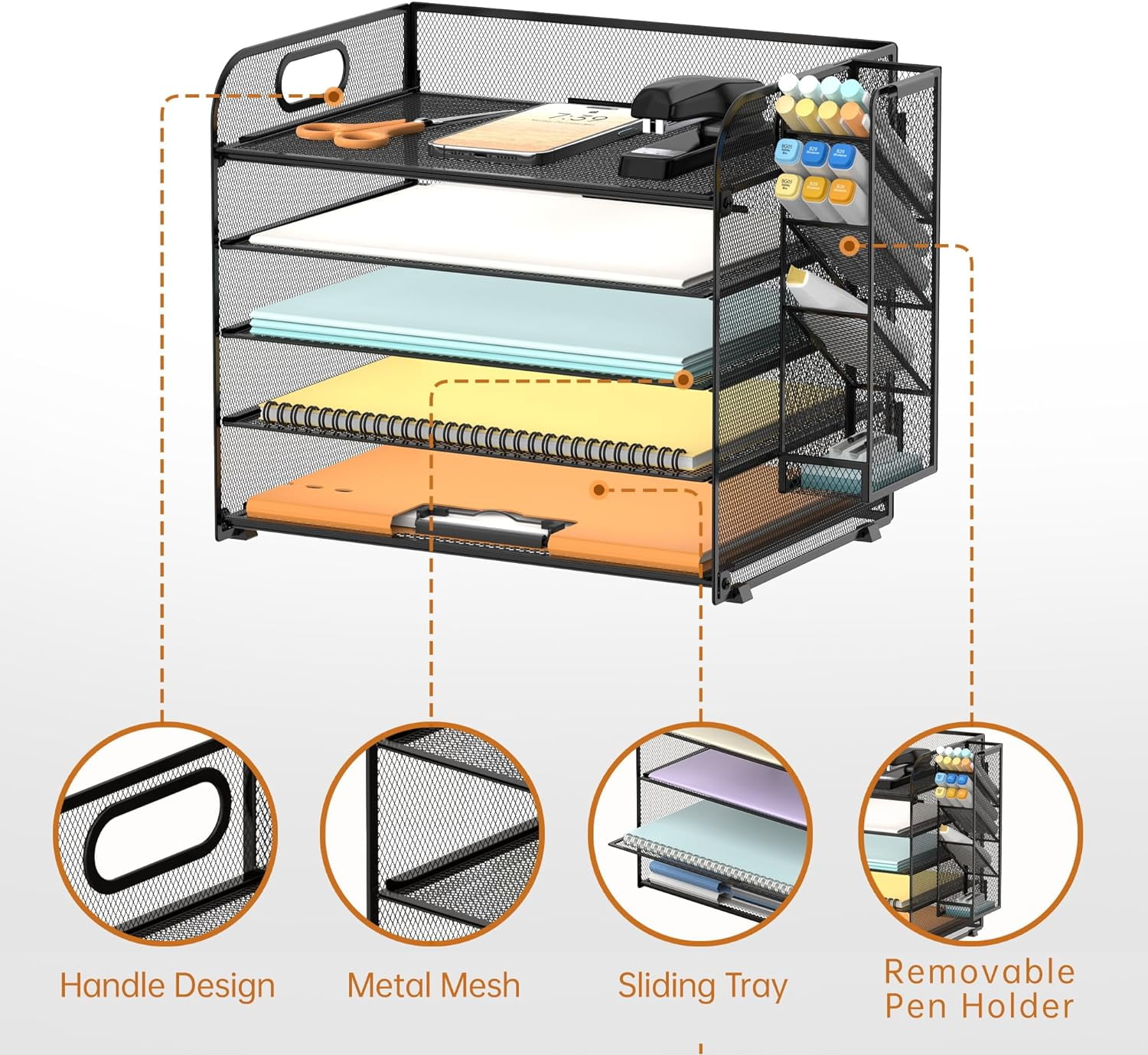 INTIGE 5 Tier Desk File Organizer with Handle and Pen Holders, Metal Paper Organizer for Office Supplies, Black, 1 Piece