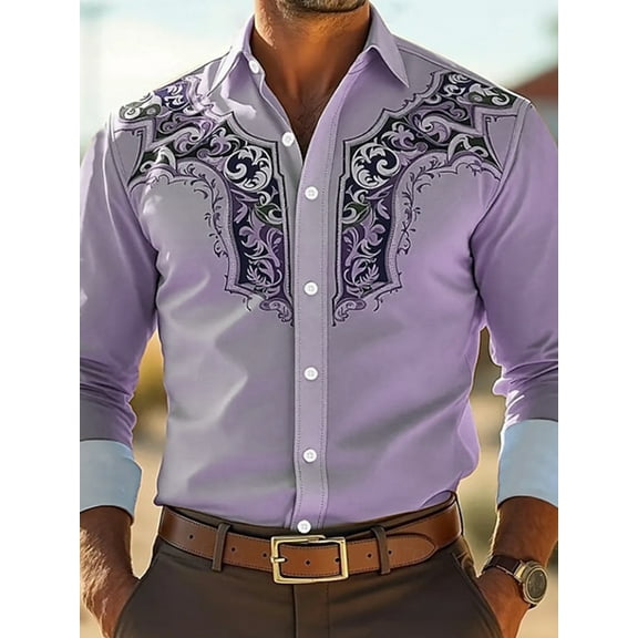 Men's Western Shirt Tribal Totem Printed Long Sleeve Shirts Casual Button Down Lapel Collar Blouse Outdoor Street Casual Shirt Top Purple 3XL