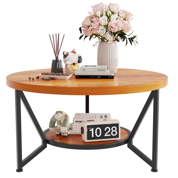 Modern 2-Tier Coffee Table with Metal Frame - 31.7" Round Versatile Coffee Table with Lower Shelf for Living Room, Small Space, Home Office.
