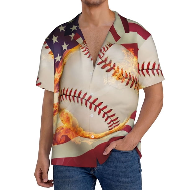 Fotbe Baseball Ball With Flag Camisa Estampada de Manga Corta para Hombre, Casual de Verano, Estilo Playero, Sin Arrugas-4X-Large
