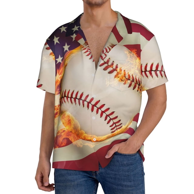 Balery Baseball Ball With Flag Camisa Casual de Manga Corta con Botones para Hombre, Texturizada, Estilo Cubano, para Playa, Verano-Small