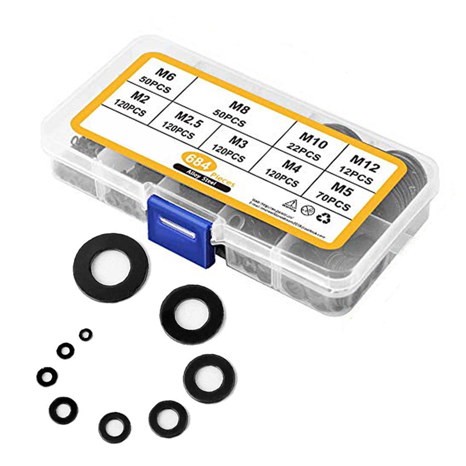 Assorted Flat Washers Set 684Pcs-9 Sizes Black Zinc Plated Alloy Steel Washers