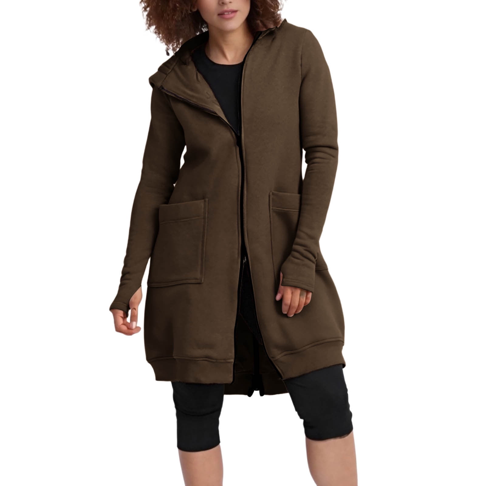 Maxi Hoodie with Thumb Holes Sevevn Women's Solid Color Jacket Fleece Casual Zipper Long Sleeve Pocket Hooded Long Sweater Brown S