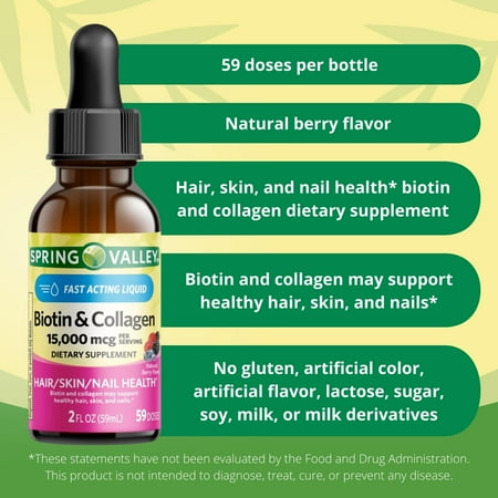Spring Valley Biotin & Collagen, 15,000 mcg Fast Acting Liquid Supplement, 2 fl oz
