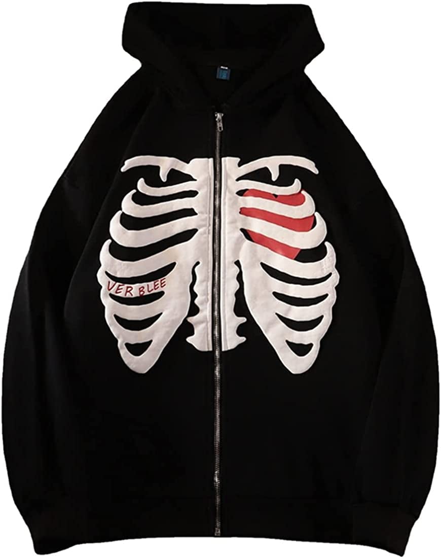 Chaos World Women's Zip Up Skeleton Print Hoodie Y2K E-Girl Long Sleeve Hooded Jacket Sweatshirt