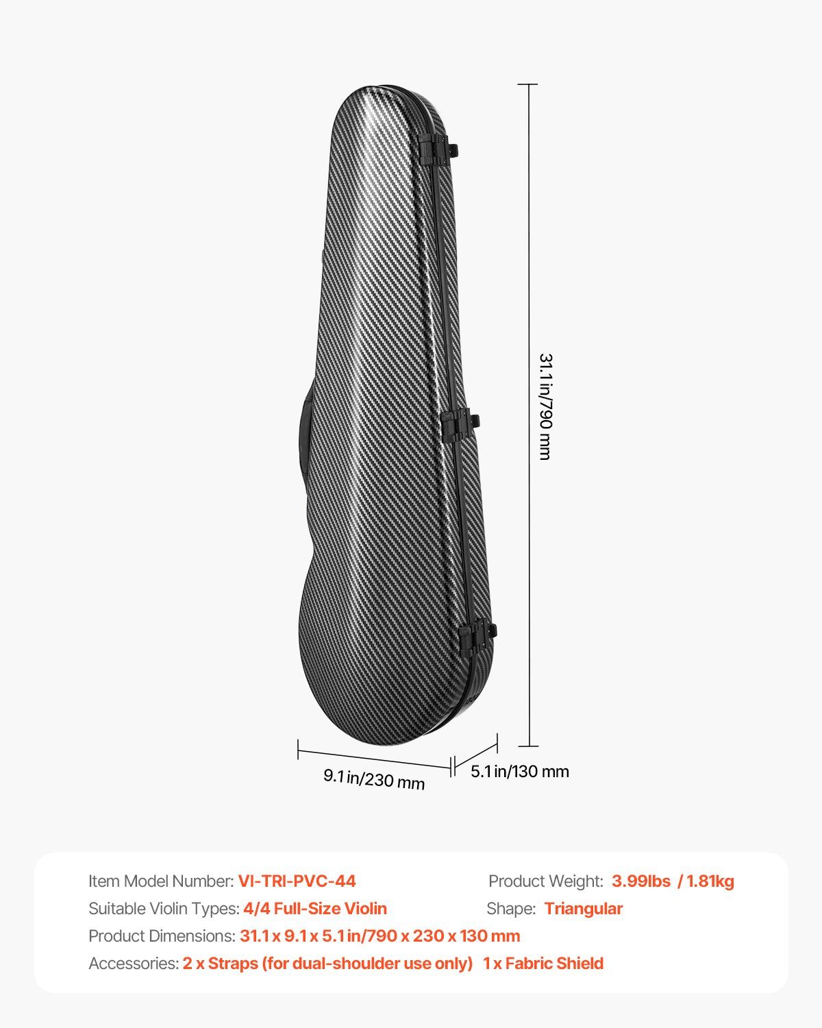 Portable Composite Carbon Fiber 4/4 Full Size Violin Case with Plush Lining, EVA Foam Protection, Bow Holders, Hygrometer, Lightweight Backpack Carrying Bag for Travel, Performance, and Storage Black