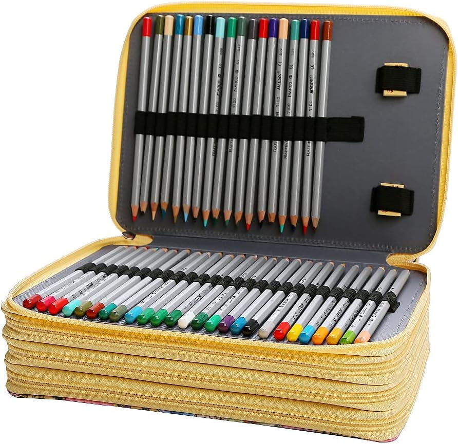 Portable Colored Printing Flower Pencil Case - 200 Slots Pencil Holder with Zipper Closure Twill Fabric Large Capacity Pencil Case for Watercolor Pens Markers, Multilayer Pencil Organizer for Artist