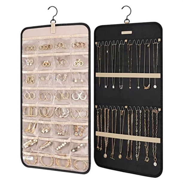Organizador de joyas para colgar, rollo de almacenamiento con ganchos de metal, soporte de joyería de doble cara para pendientes, collares, anillos en el armario, pared, puerta, 1 pieza, mediano, negro ER