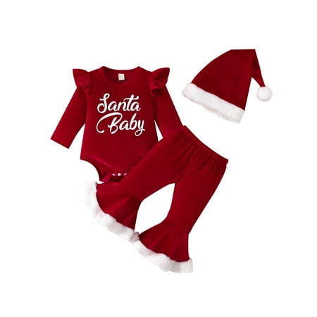 

jaweiwi Infant Baby Girl Christmas Romper Outfits Set Long Sleeve Round Neck Ruffled Letters Print Jumpsuit + Flare Pants + Hat Size 0 6 9 12 18 M