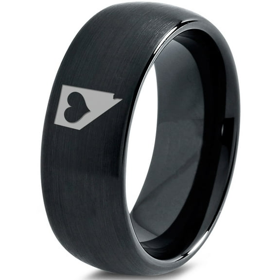 Tungsten Nevada The Silver State Heart Band Ring 8mm Men Women Comfort Fit Black Dome Brushed Polished