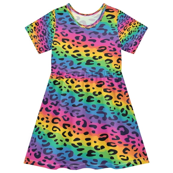 Toddler Girls Short Sleeve Summer Dress, Cute Casual Print Dress for Girls 2-8 Years, Soft Breathable Comfortable Daily Beach Party Dress Bright Rainbow Stripe Cheetah Print